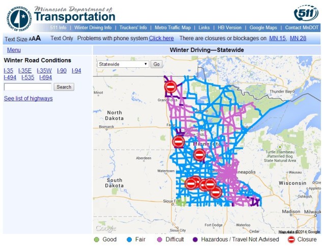 A screen shot of the Minnesota Department of Transportation 511 website shows road closures and conditions in Minnesota at 8:45 a.m. today.
