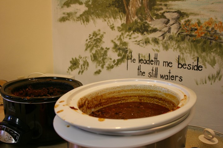 Crockpots of chili were set up on tables on opposite ends of the basement.