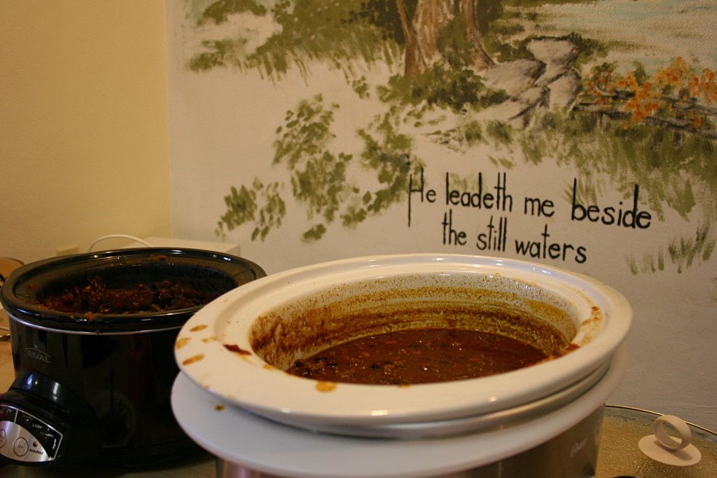 Crockpots of chili were set up on tables on opposite ends of the basement.
