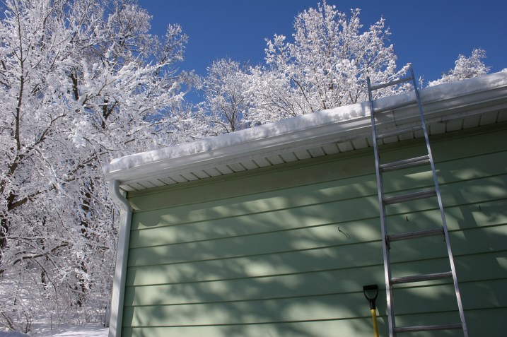 Preparing to shovel snow from the garage roof. Trees in my neighborhood are still laden with ice and snow.
