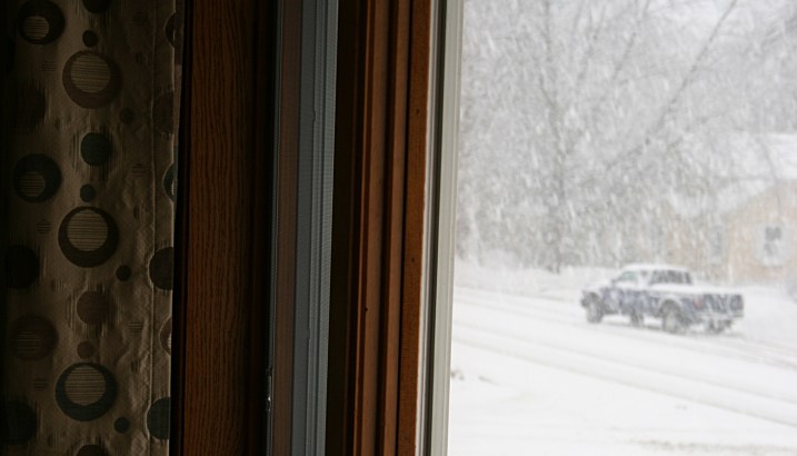As I snapped this photo from my living room window, this pick-up truck slid on the snowy street.