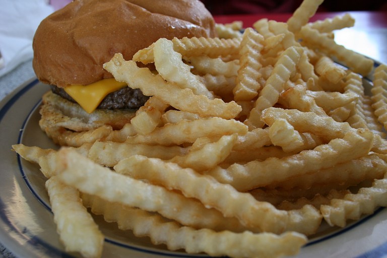A generous portion of fries served with a cheeseburger, which Randy termed good, but "a little greasy."