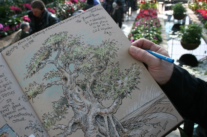 An artist sketching in the Sunken Garden flipped his sketchbook back to reveal his favorite sketch of the day, that of a bonsai tree. His art is spectacular.