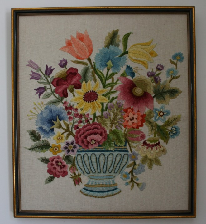 Crewel embroidery floral art, front