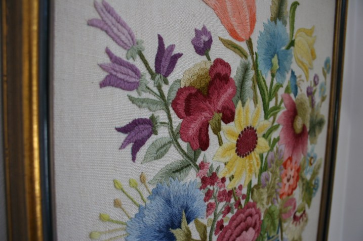 Crewel embroidery floral art, side view