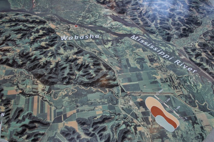 A section of a map on the floor of the National Eagle Center shows the location of Wabasha along the Mississippi River.