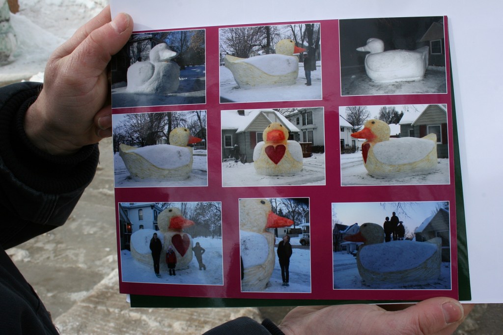 This photo montage by Klett shows the process of creating the duck sculpture.