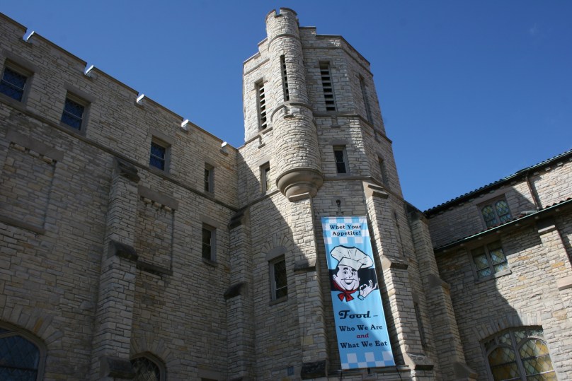 A banner welcomes visitors to the featured exhibit on food at the History Museum at the Castle, 330 East College Avenue, Appleton, Wisconsin.