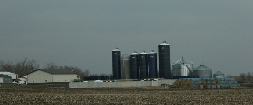A cluster of Harvestore silos define a farm northeast of Vesta along Minnesota State Highway 19.