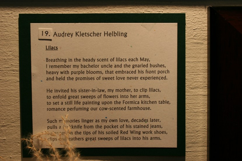 My poem, "Lilacs," which was selected as a "Work of Merit" at the 2013 Northwoods Art and Book Festival in Hackensack.