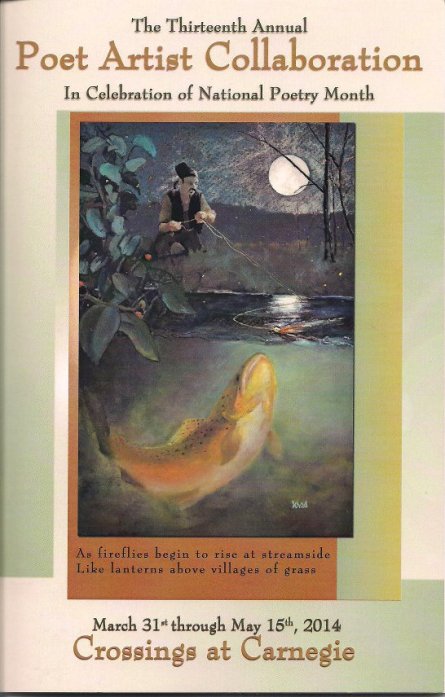 The published collection of poems and art with cover art, "Li Bai at the South Fork," a pastel by Mike Schad, created for last year's collab. Also featured is a line from the poem (with the same name) by Justin Watkins.