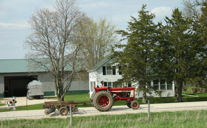 Heading to or from the field on a frontage road along Interstate 90 in southeastern Minnesota.