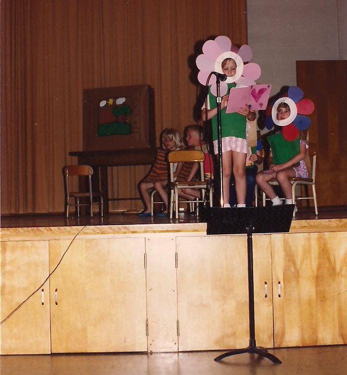 My eldest stars as a flower in the May 1992 school play, "Leo the Late Bloomer."