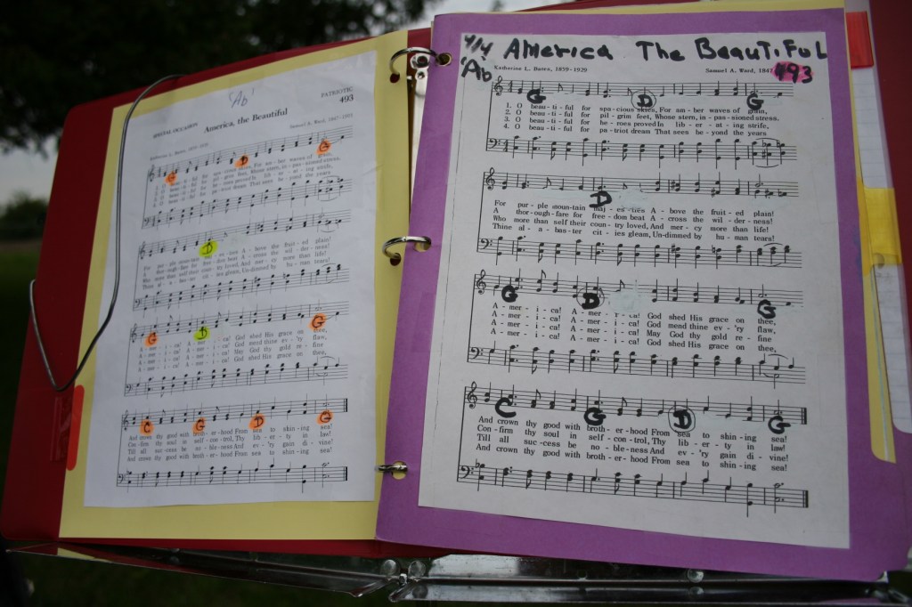 Musicians' song sheets.