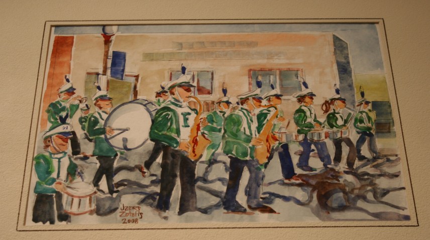 I expect this original watercolor of the Faribault High School marching band may interest a Faribault native.