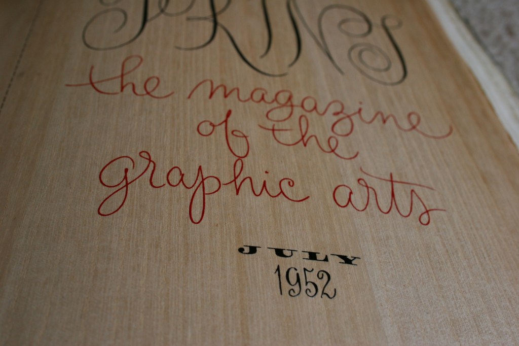 PRINT Magazine cover designed by Andrew Szoeke, printed silkscreen at Pied Piper Press, New York; caption and colophone designed by Ben Lane, printed letterpress at The Lane Press, Burlington, Vermont. Handmade natural wood veneer paper.