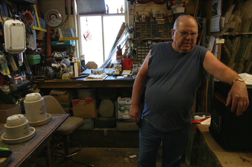 Wayne Wenzel in the back workshop/office area of Dad's Good Stuff.