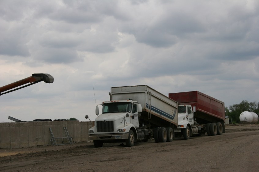 Grain trucks parked near the grain bins.