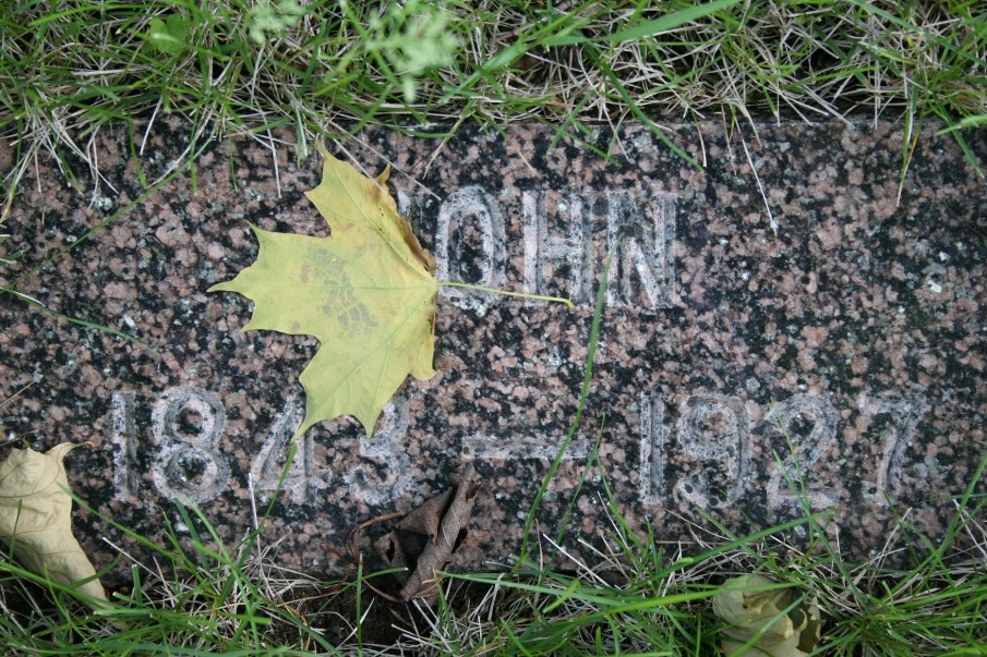 Nature leaves her signature on an in-ground grave marker.