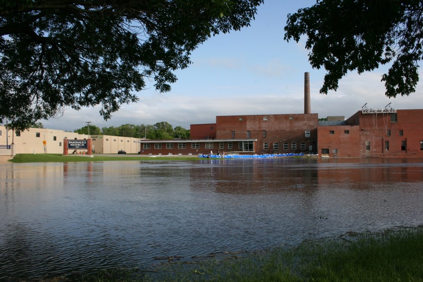 An overview of the Cannon River, looking south from Father Slevin Park to the Faribault Woolen Mill.