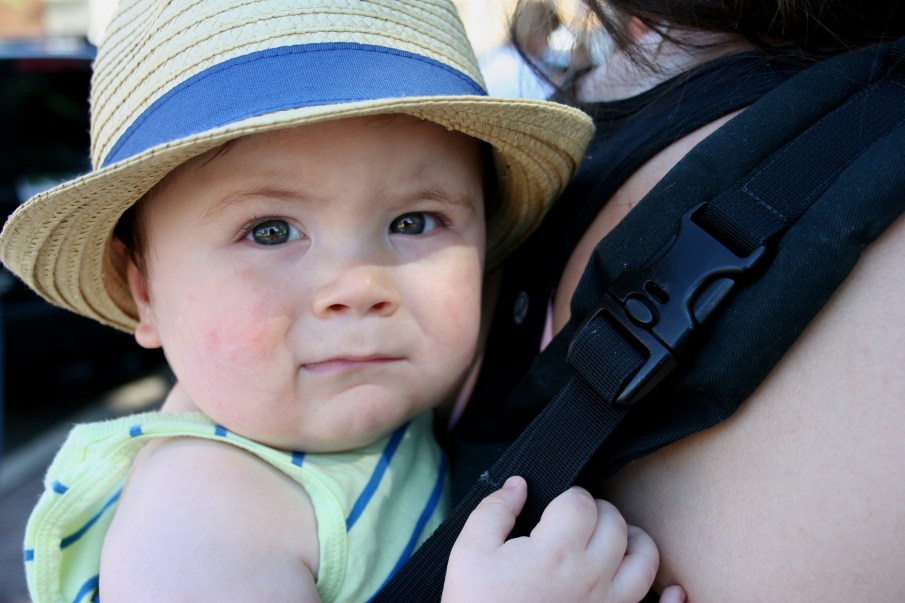 Dean, 11 months, snuggles against his mom's back while his parents shop at the Farmer's Market. The family recently moved from Houston, Texas, to Owatonna.