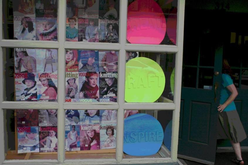 An eye-catching window display at the Yarn Shop. (Photo edited.)