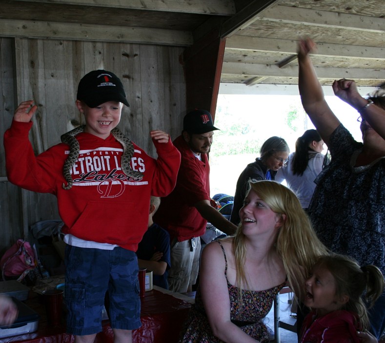 My cousin Sandy's grandson Keelan shows no fear of snakes. Some contestants kissed the snake to earn the highest number of points.