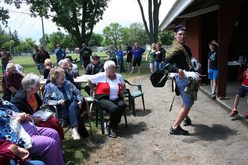 Kirt hams it up for the crowd, which voted by clapping and hooting and hollering. He won the beauty contest.