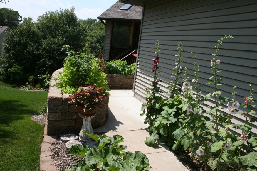 This area features a raised vegetable garden.