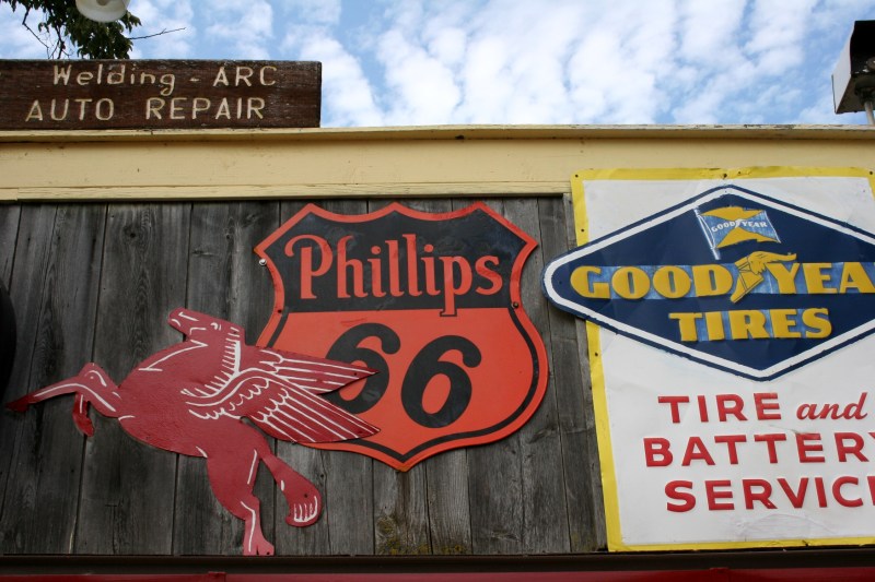 Signage above the garage door.