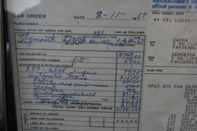 Randy noticed, and pointed out to me, the original car order from 1967 for a Satellite still owned by the original owner.