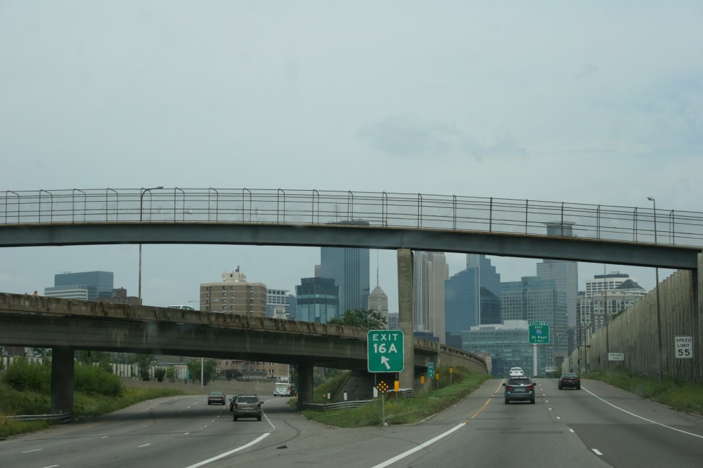 Almost to the I94/35W split near downtown Minneapolis.