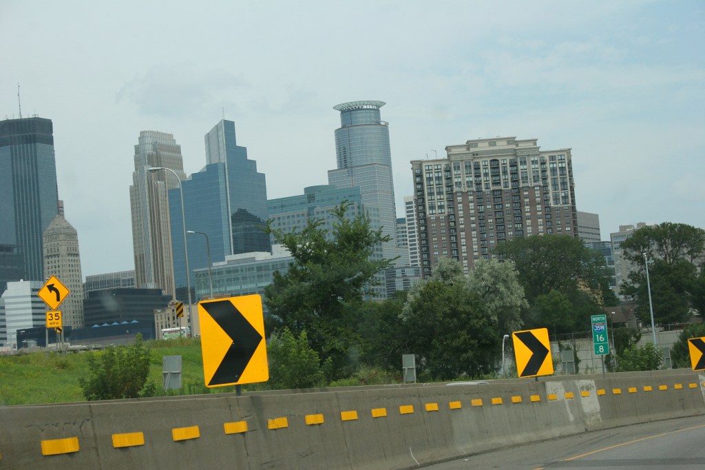 The curving interstate and speeds of some vehicles can give the illusion of being on a racetrack.