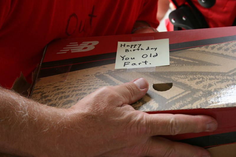 My brother-in-law, Marty, opens his "old fart" birthday gift.