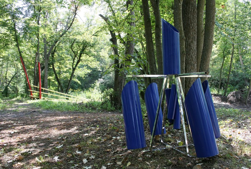 Conduit and pipes transformed into art for placement on Steve's wooded acreage.