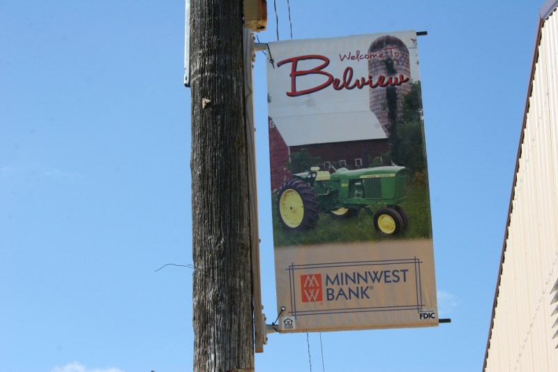One of numerous banners displayed in the farming community of Belview.