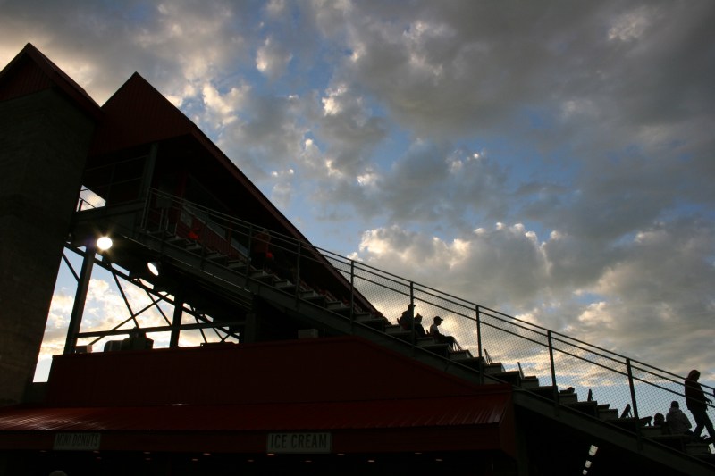 After the early evening rain, fans began filing into the grandstand in the 