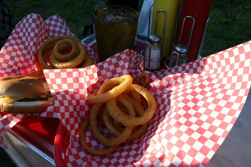 Drive-in fare served in a paper lined basket.