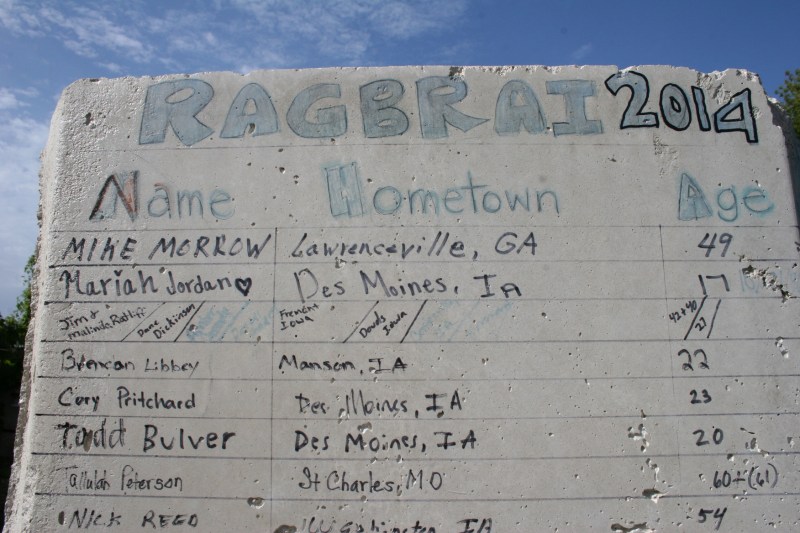 Signatures of Ragbrai 2014 participants who stopped here.