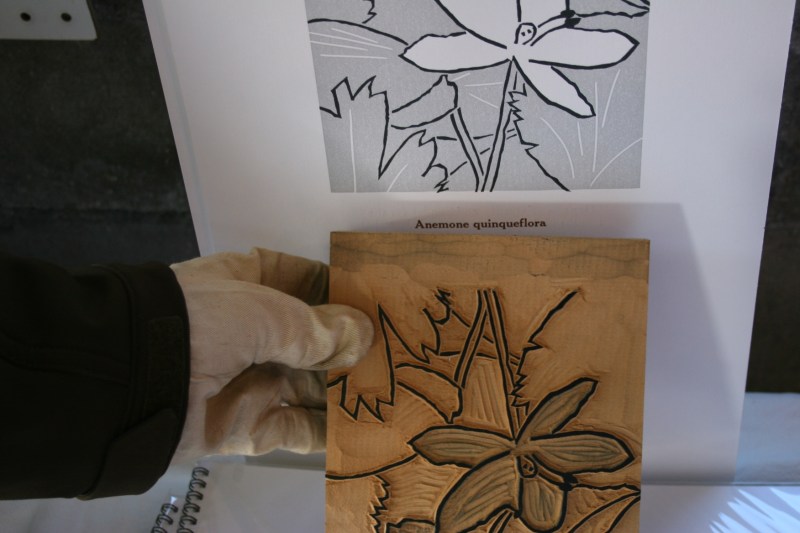 Richard Stephens of Super Session Press shows a block and print he crated.