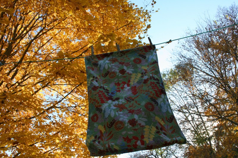 I'm still hanging laundry outside and will do so until the snow flies. I noticed how this kitchen towel mimics the hues of autumn.