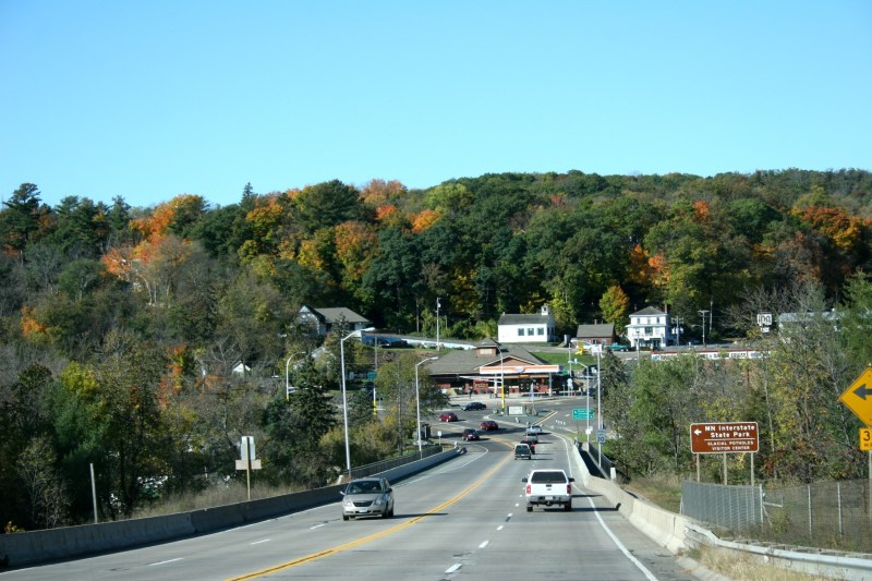 Westbound from Wisconsin and about to cross the St. Croix River into Taylors Falls, Minnesota. Interstate Park is just over the bridge to the left.