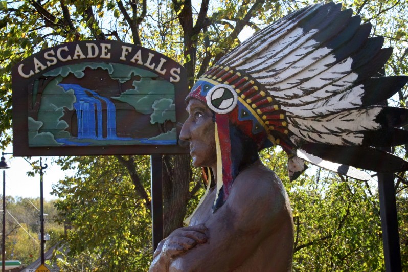 An artist's rendition of Chief Osceola, after whom Osceola, Wisconsin, is named, stands near the stairway leading to Cascade Falls.