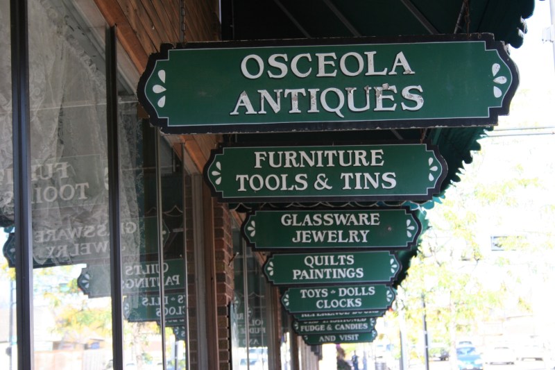 This attractive signage hangs outside Osceola Antiques, which bills itself as the largest antique mall in northwestern Wisconsin with 11,000 square feet.
