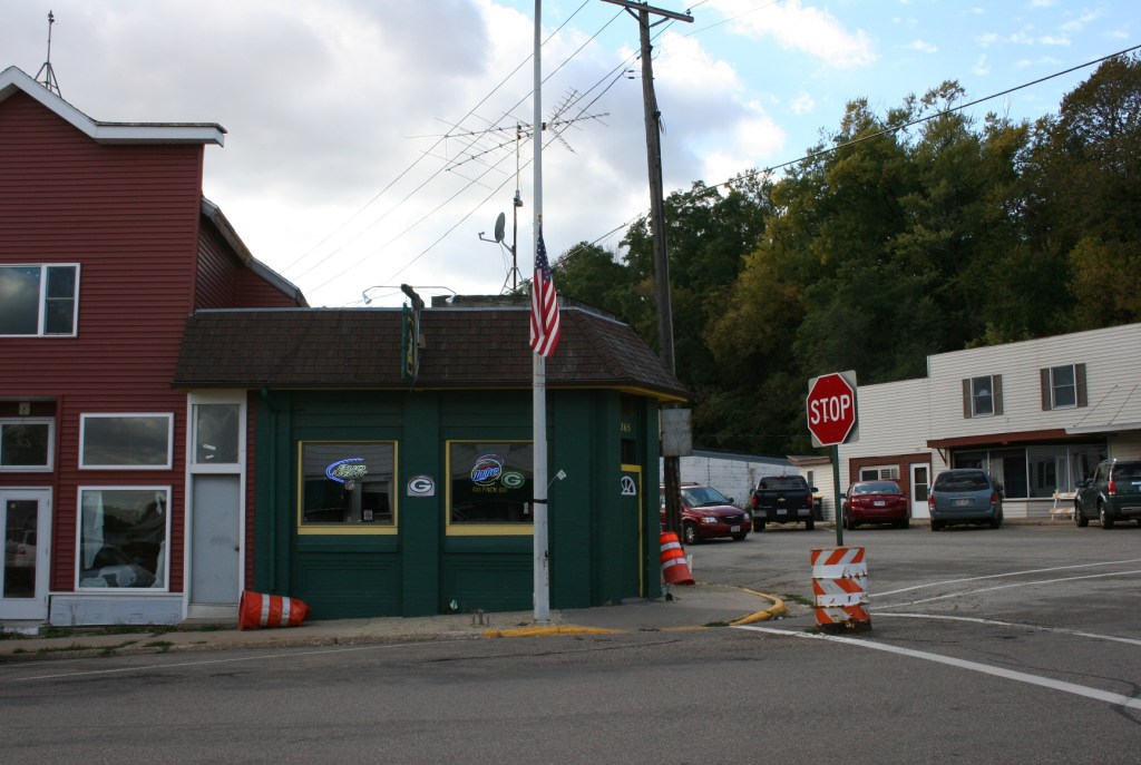 Packers' colors prevail even on the exterior of this corner bar.