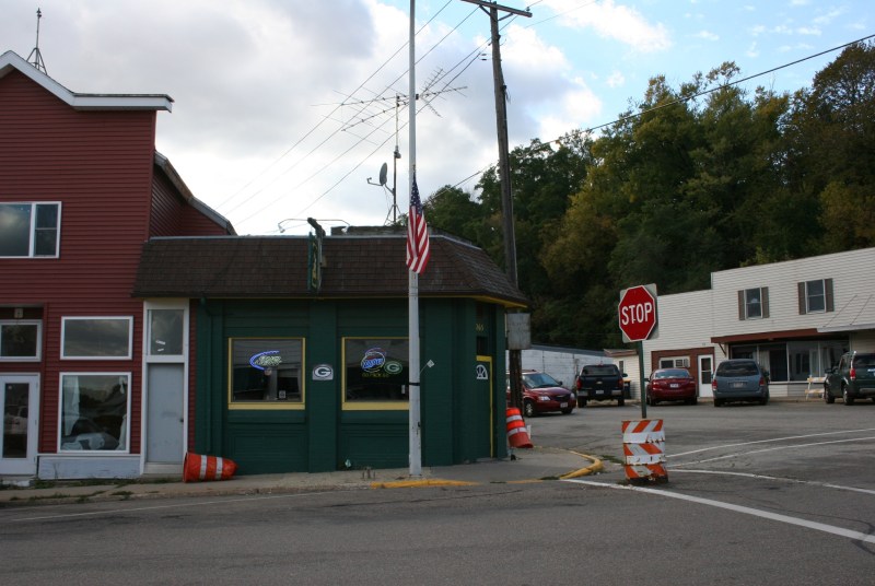 Packers' colors prevail even on the exterior of this corner bar.