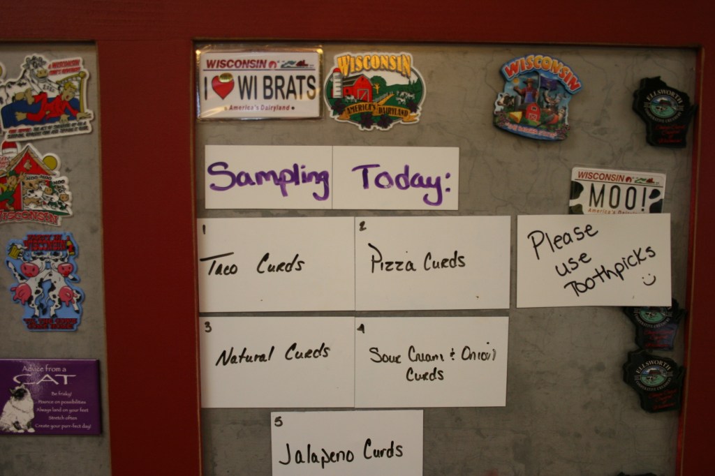 You can sample selected varieties of cheese curds at the retail store before purchasing.