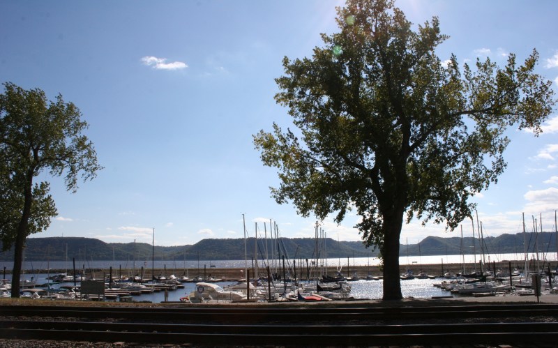 Across the railroad tracks lies Lake Pepin.