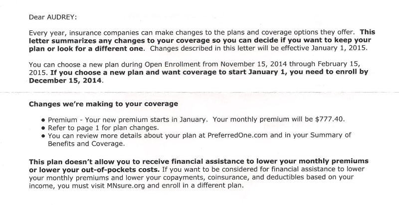 The letter I received from my health insurance carrier.