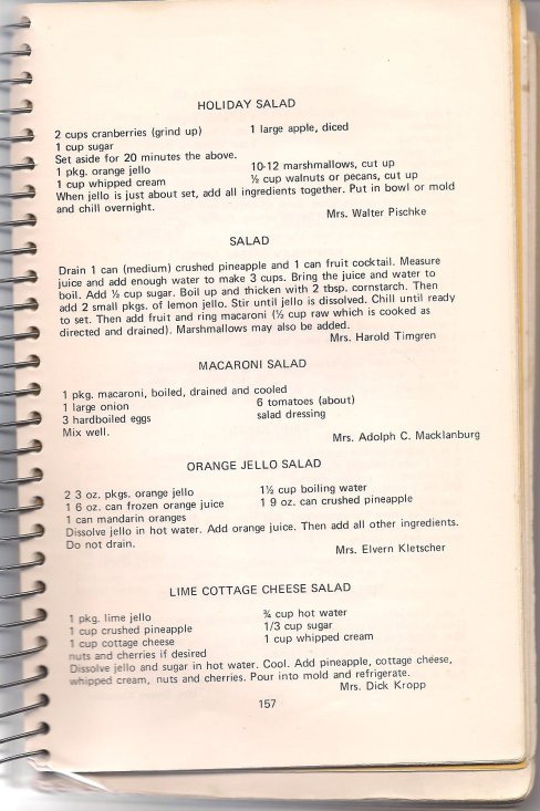 A selected page of salad recipes published in The Cook's Special, published in 1973 by St. John's Lutheran Church, Vesta, MN. That's my mom's